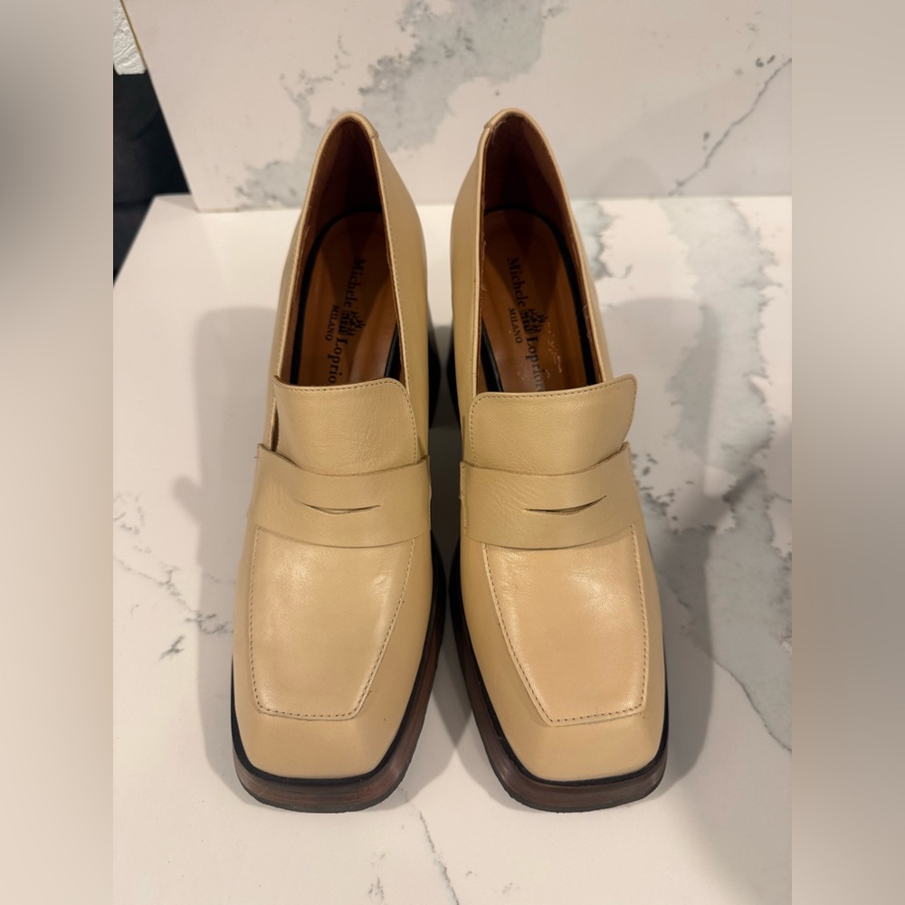 Michele Lopriore Milano Beige Leather Square Toe Block‎ Heel Loafers size 40